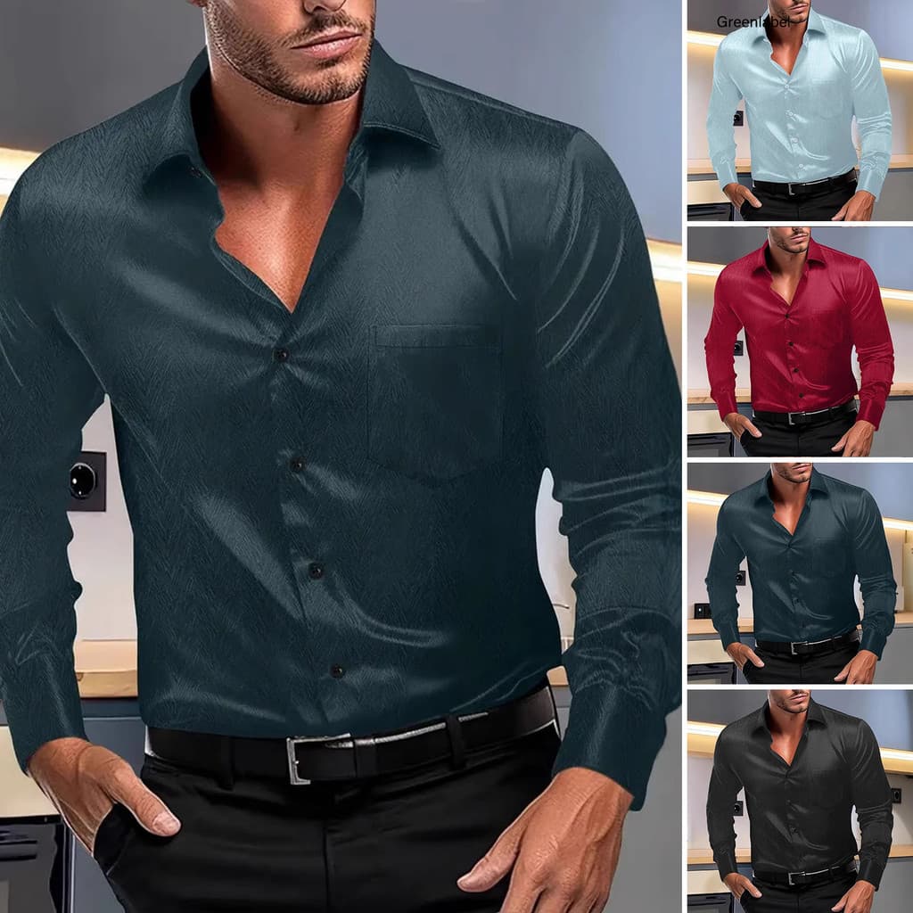 [GLB] Camisa Masculina Brilhante Com Gola Aberta E Botão , Formal De Manga Comprida Para Festa De Baile , Namoro , Casam