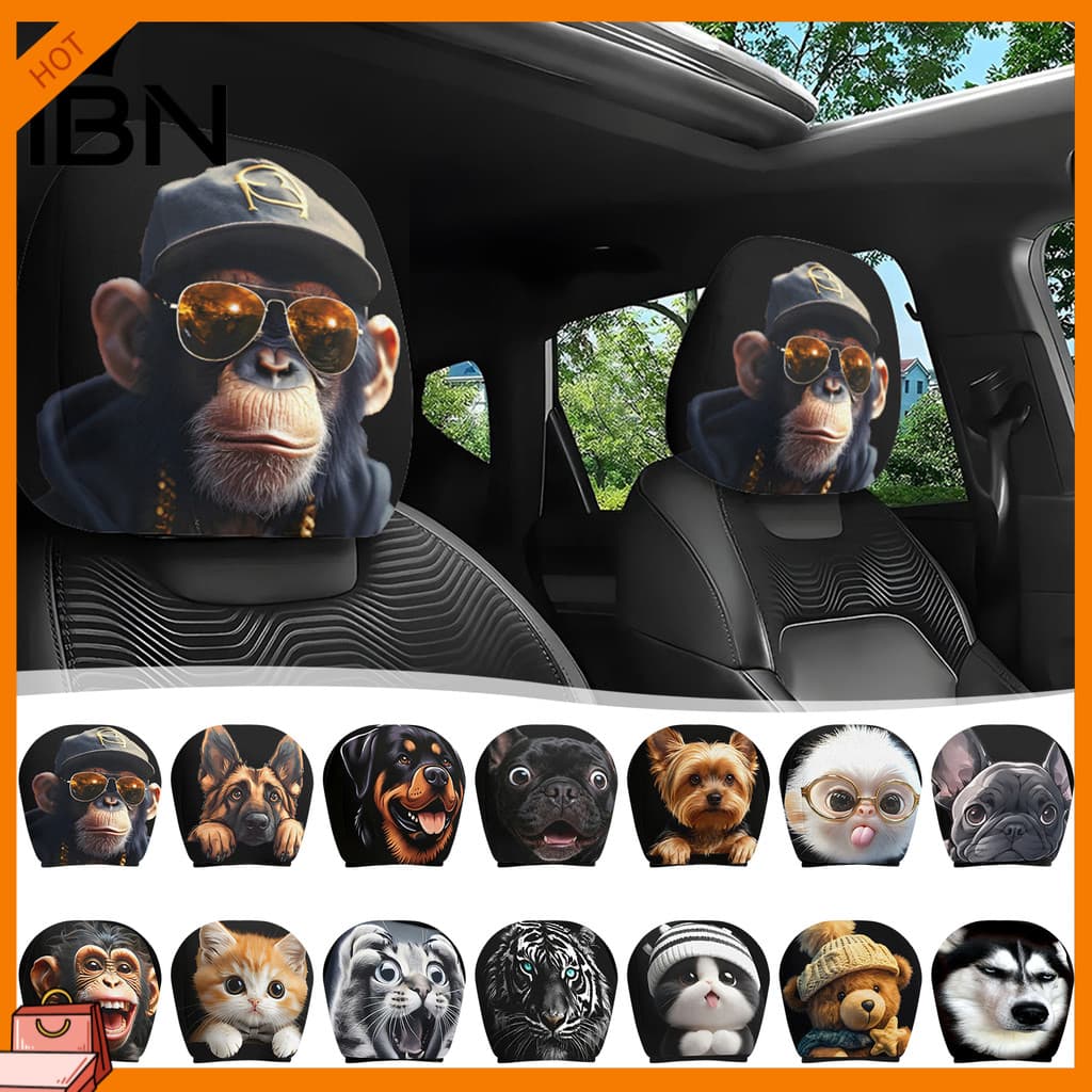 [IBN] 2 Peças De Capa De Encosto De Cabeça De Carro De Tricô Universal , Estampa De Cachorro/Gato/Tigre/Macaco , Proteto