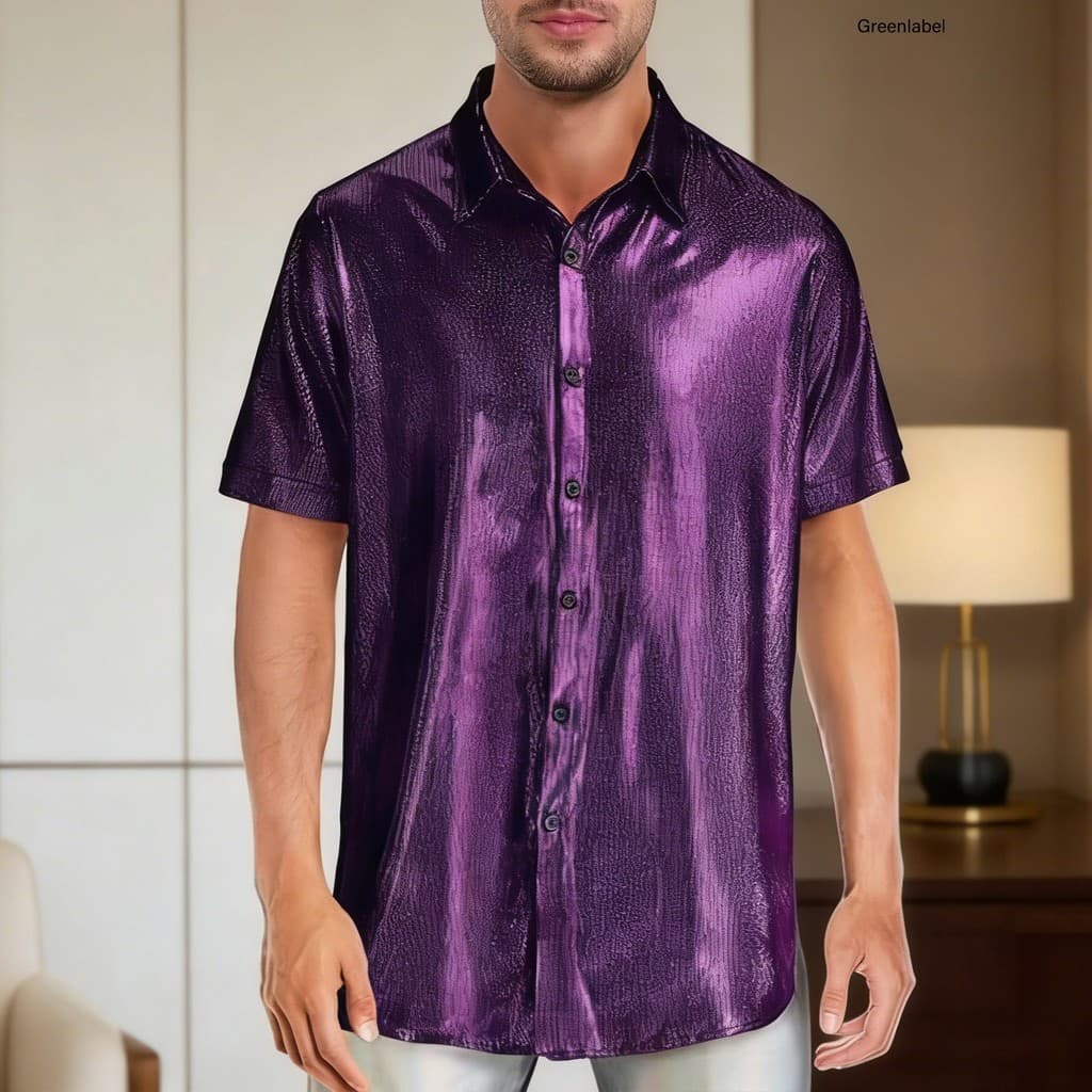 [GLB] Camisa Masculina Lapela Manga Curta Botões Carcela Tops Design Brilhante Ajuste Solto Cor Sólida De Clube Noturno