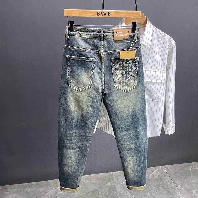 Marca Retro azul Jeans masculino High Street magro-fit calças magras Casual estiramento calças masculinas