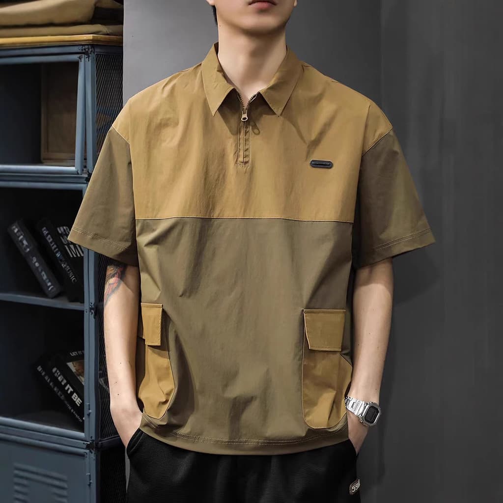 2025 novo estilo dupla cor combinando camisa polo de manga curta masculina topo juventude Multi-bolso Puffian bonito cam