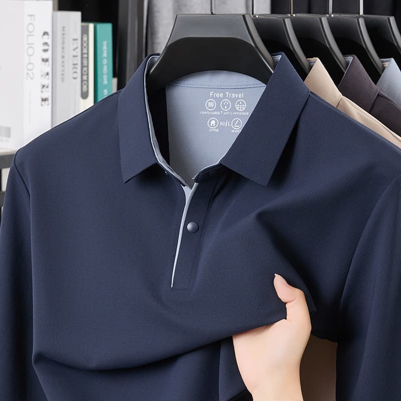 Camisa polo masculina de lapela sem costura de alta qualidade forro Casual escovado camiseta de manga comprida