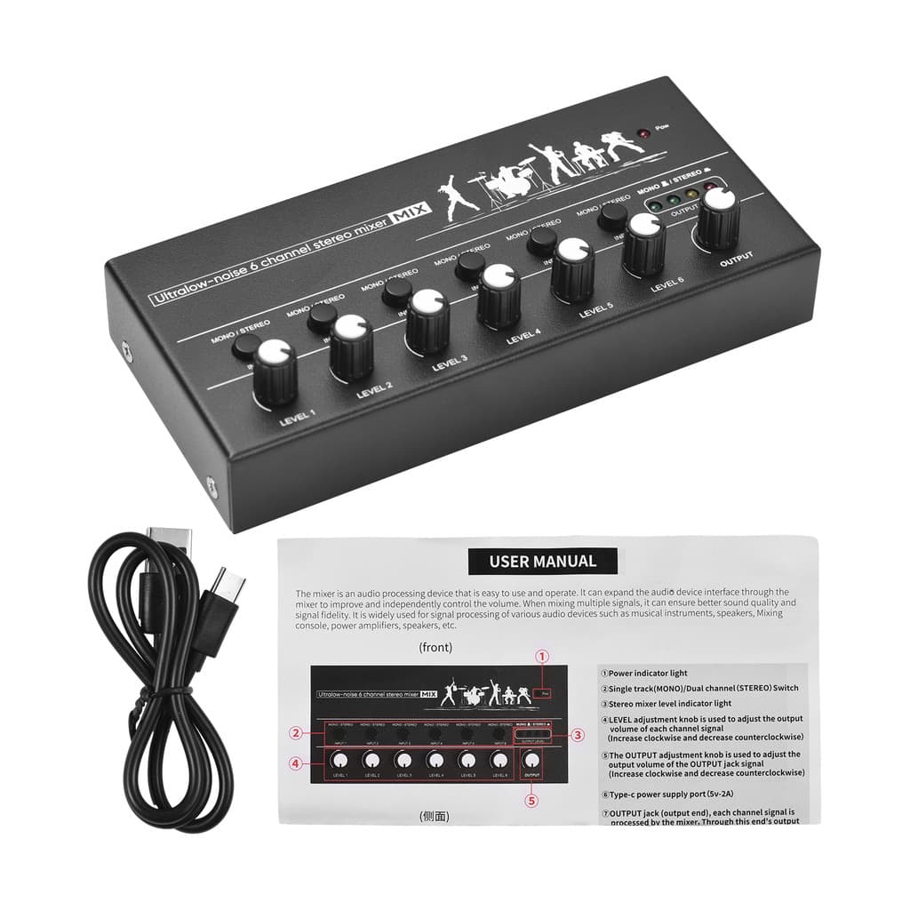 sicibr 6 Canais Misturador De Áudio Estéreo Linha Metal Escudo USB Tipo-C Fonte De Alimentação Para Guitarra Baixo Tecla