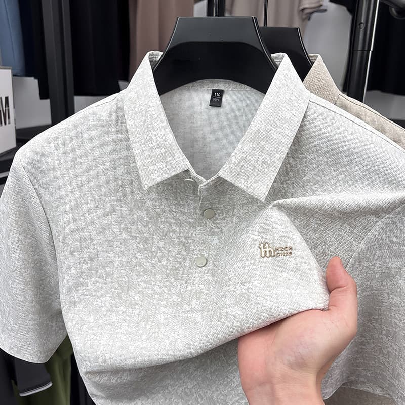 Estilo sem costura camisa polo de manga curta pulôver masculino topo lapela luz negócios camisa polo masculina de manga
