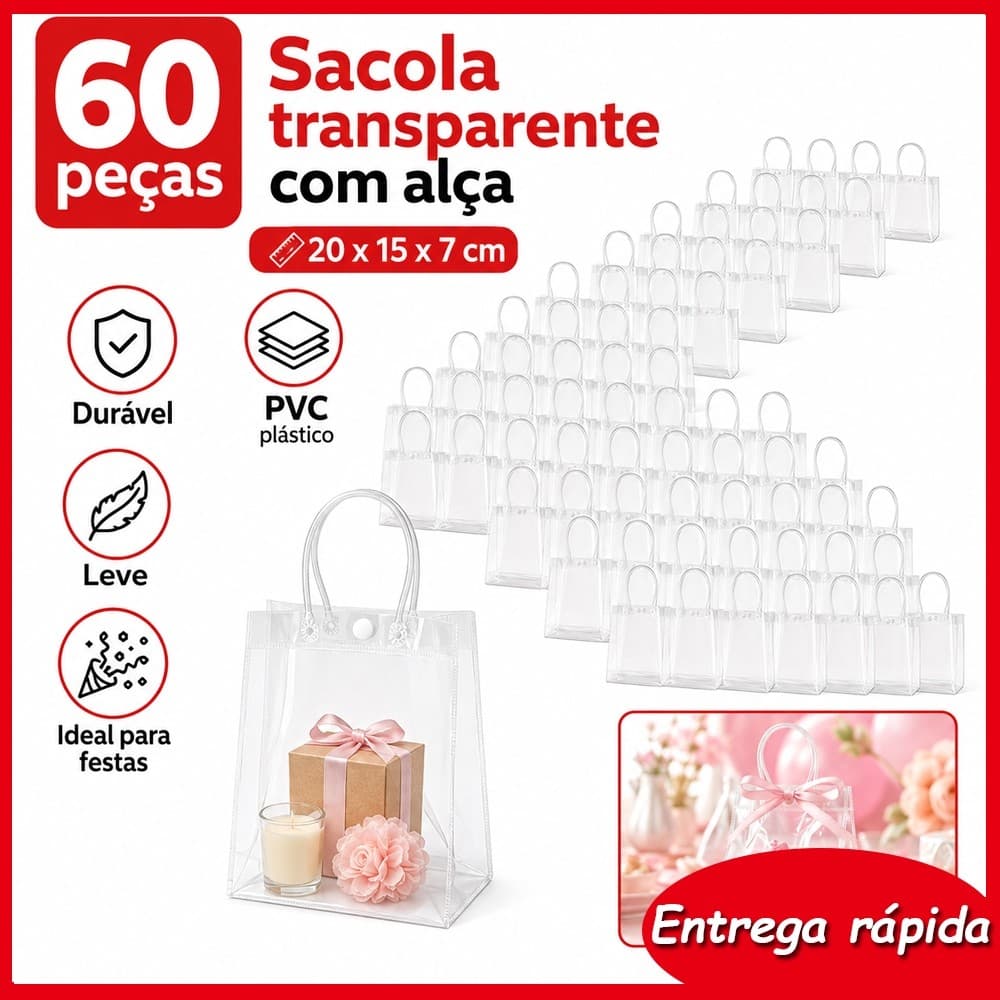 60 Unidades de Sacola de Presente Transparente 20x15x7cm com Alça para Festa, Casamento, Chá de Bebê e Lojas de Varejo