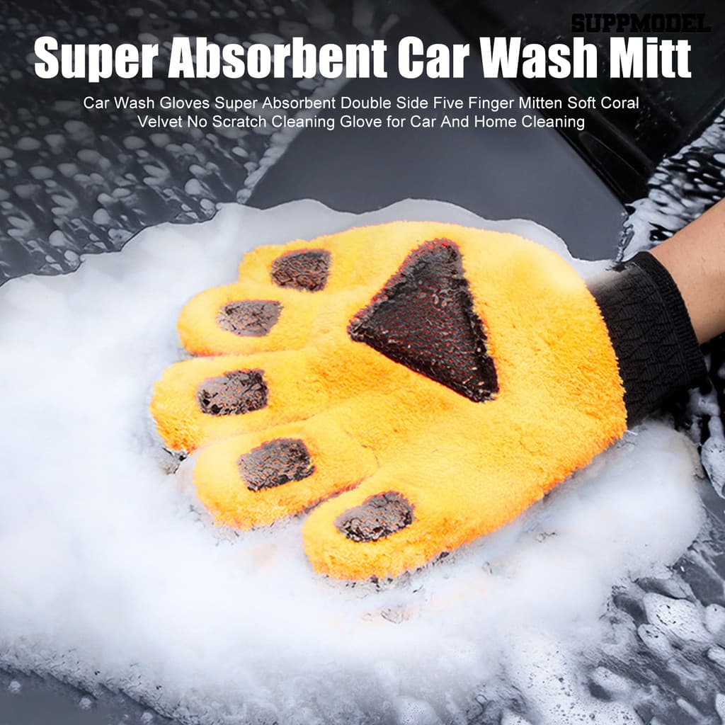 Suppmodel Luvas De Lavagem De Carro Super Absorvente Dupla Face Luva De Cinco Dedos Macio Veludo Coral Sem Arranhões Lim
