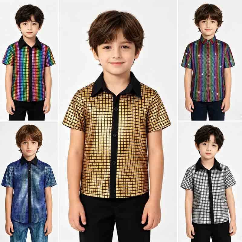Camisa De Lantejoulas De Metal Brilhante Disco 70s Estilo Punk Verificação Padrão Respirável Poliéster Roupas Infantis R