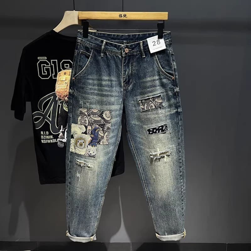 Marca rasgada remendo Harem calças masculinas bonito solto calças jeans retas calças cônicas papai