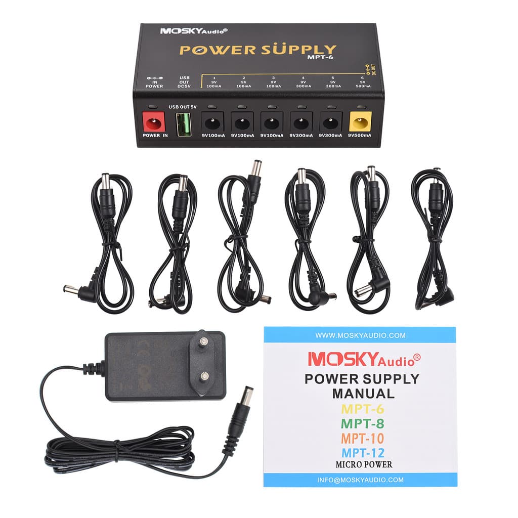 MOSKYAUDIO Efeito de 6 circuitos Potência independente Proteção contra curto-circuito Pedal de efeito de guitarra com in
