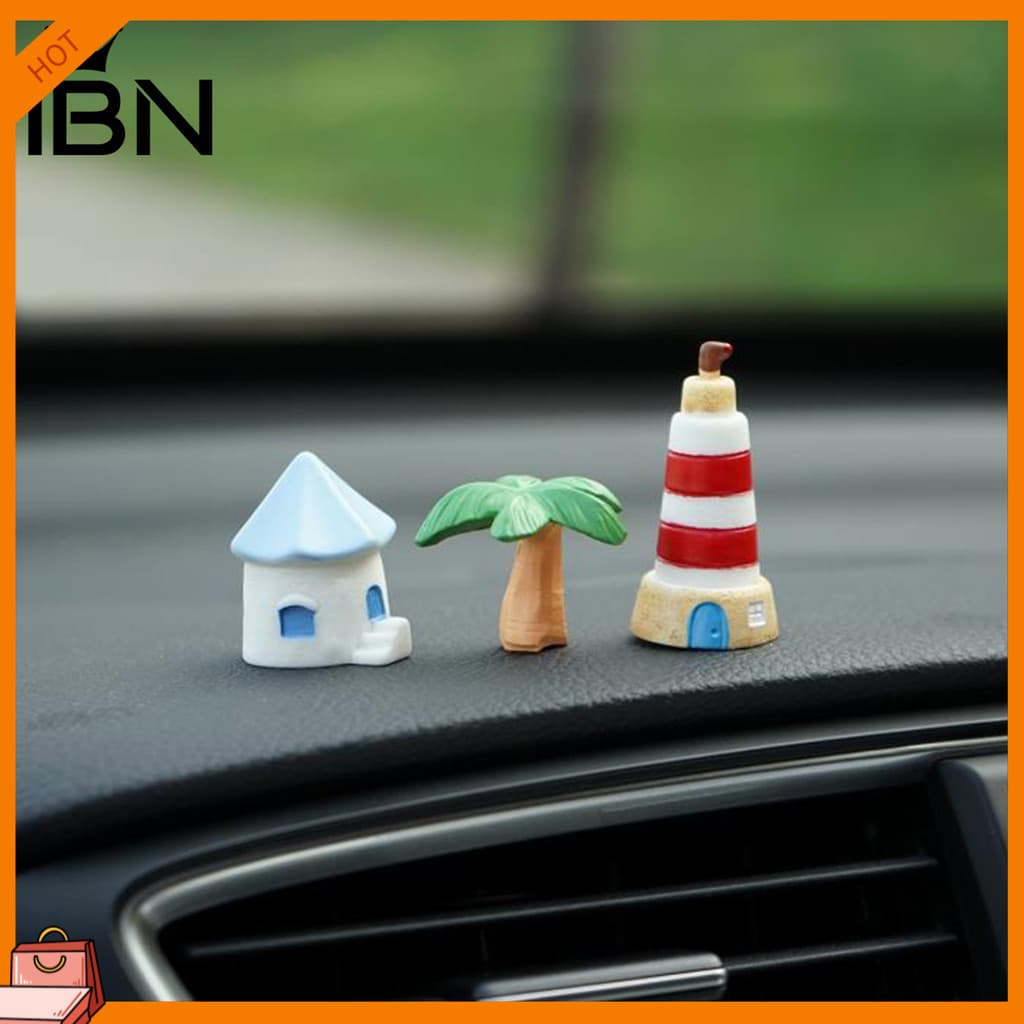 [IBN] 1 Conjunto De Ornamento De Carro De Resort De Ilha , Mini Farol , Estatuetas De Resina De Casa De Coqueiro Para Pa
