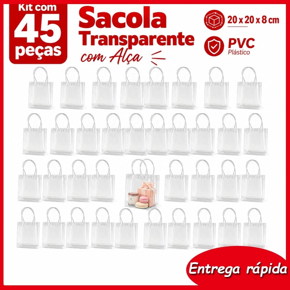45 Unidades de Sacola Transparente com Alça 20x20x8cm para Lembrancinhas, Presentes, Festa, Casamento e Loja de Varejo
