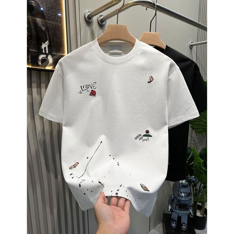 High-End exclusivo bordado de manga curta camiseta roupas masculinas 2025 novo estilo masculino em torno do pescoço H