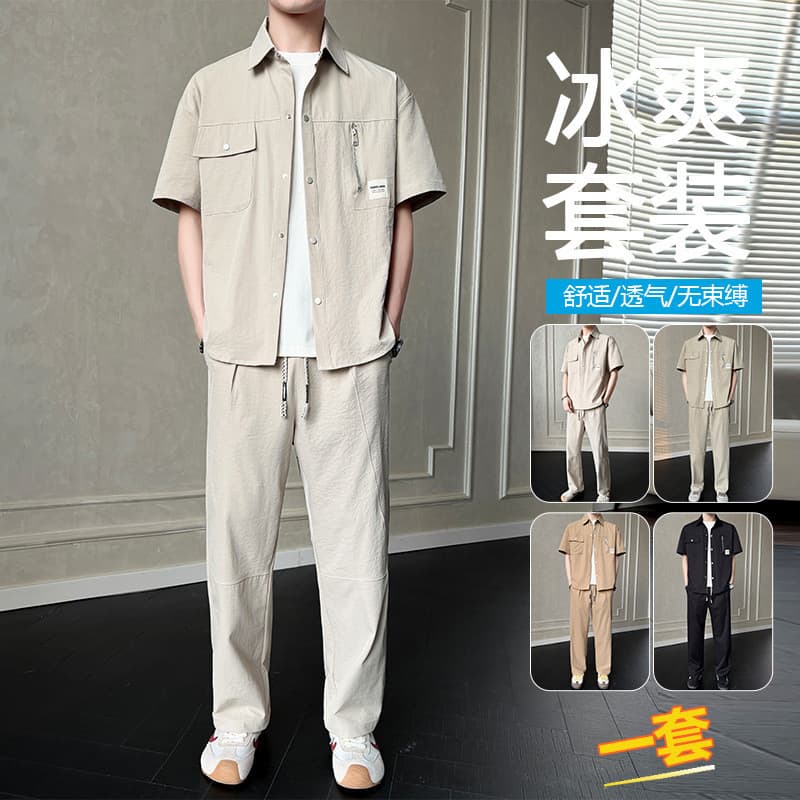 Novo estilo camisa masculina calças de manga curta terno marca drapeado Casual estilo dinheiro antigo um conjunto Wear