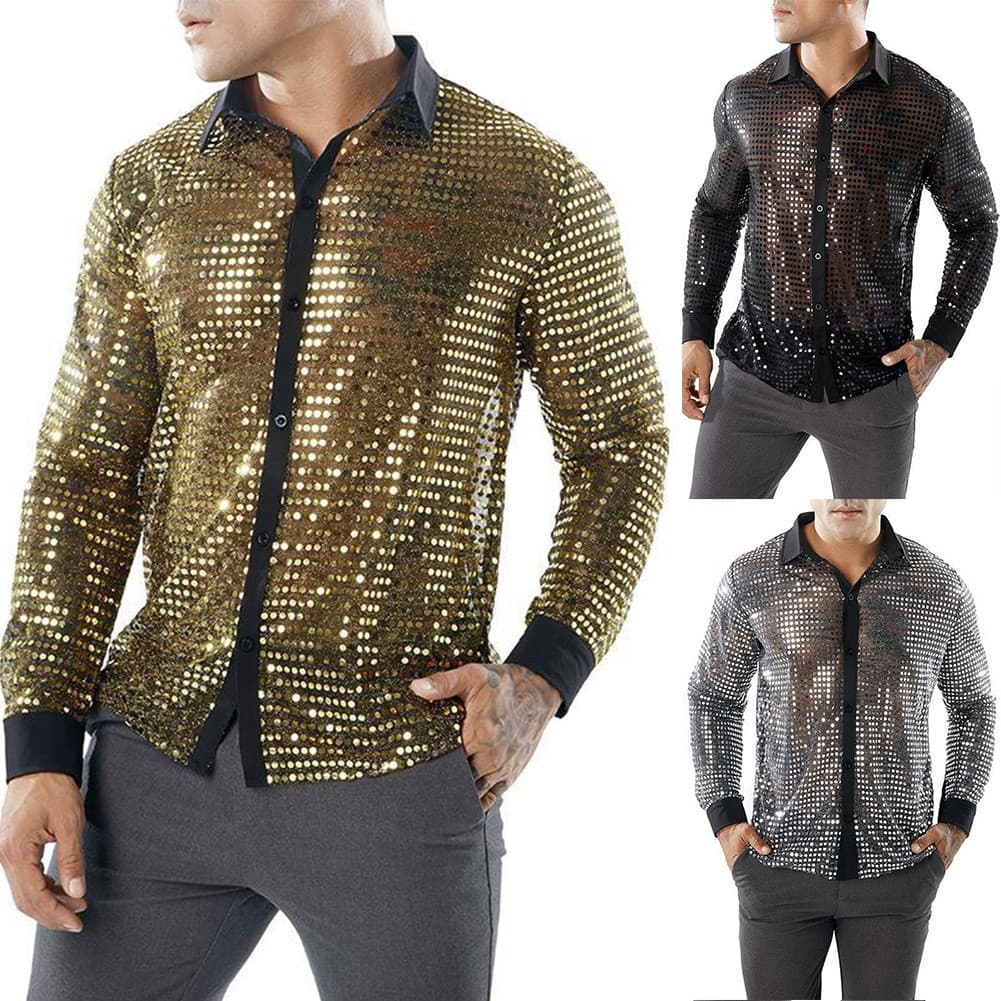 [BR] Camisas Masculinas Para Lantejoulas Brilhantes Festa De Dança Retrô Anos 70 Discoteca Boate Tops