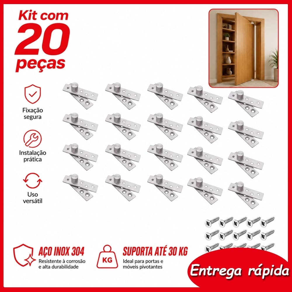 20 Unidades Dobradiça Oculta de Giro 95mm para Porta de Madeira, Porta de Cozinha e Porta Pivotante Interna Moderna