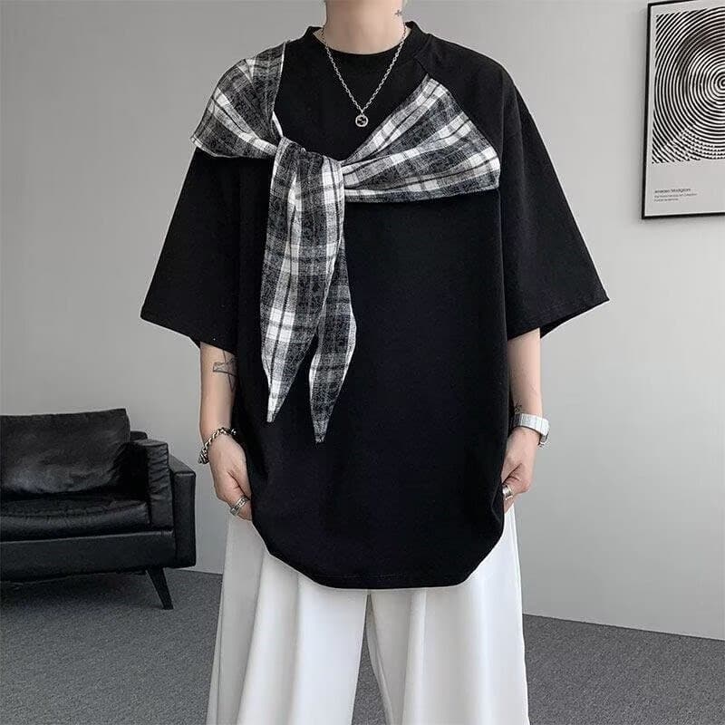 Americano Retro xale xadrez falso de duas peças de manga curta camiseta masculina novo estilo Design solto nicho topo