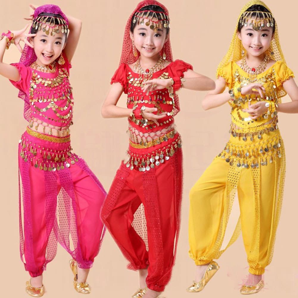 Traje De Dança Do Ventre Crianças Trajes De Bollywood Conjunto Indiano Vestidos