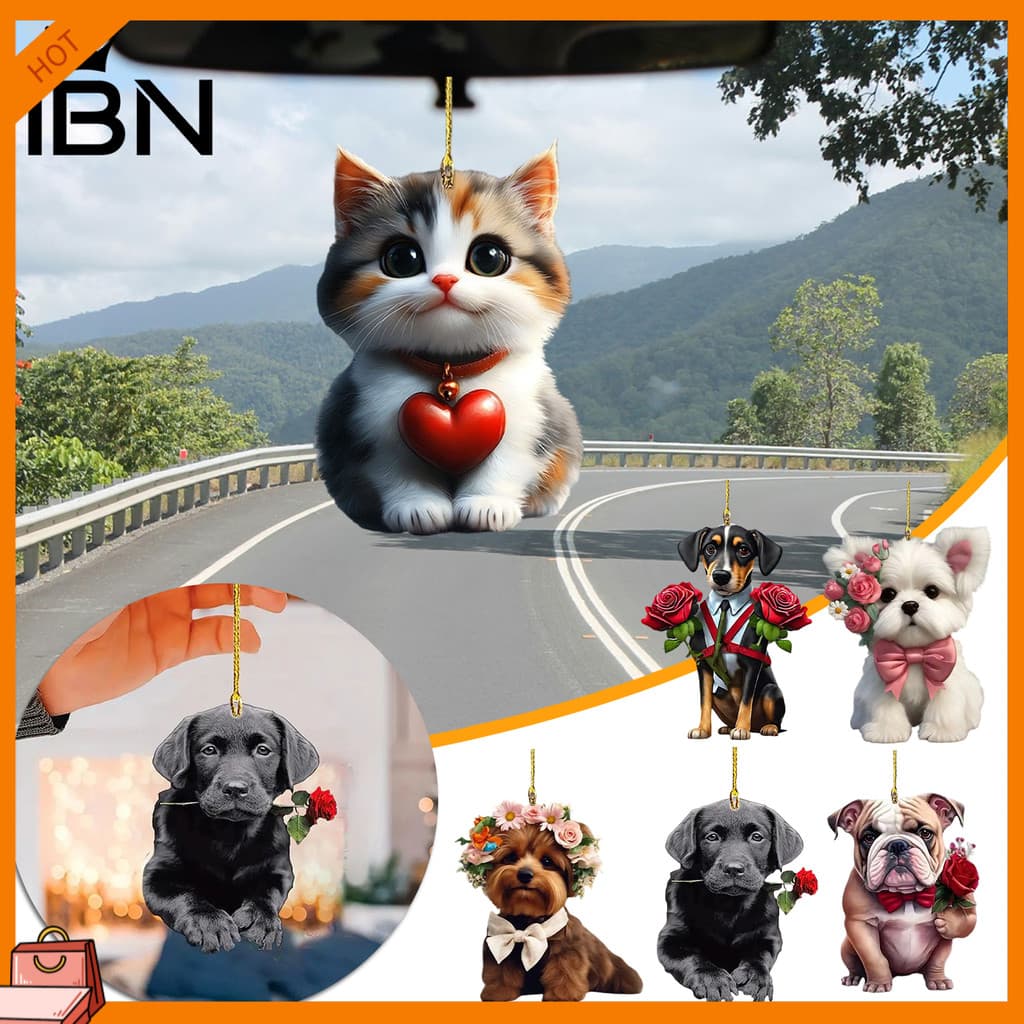 [IBN] Bonito Gato Cão Rosa Pingentes 2D Acrílico Chaveiro Romance Animal De Estimação Temático Charme Para Carro Espelho