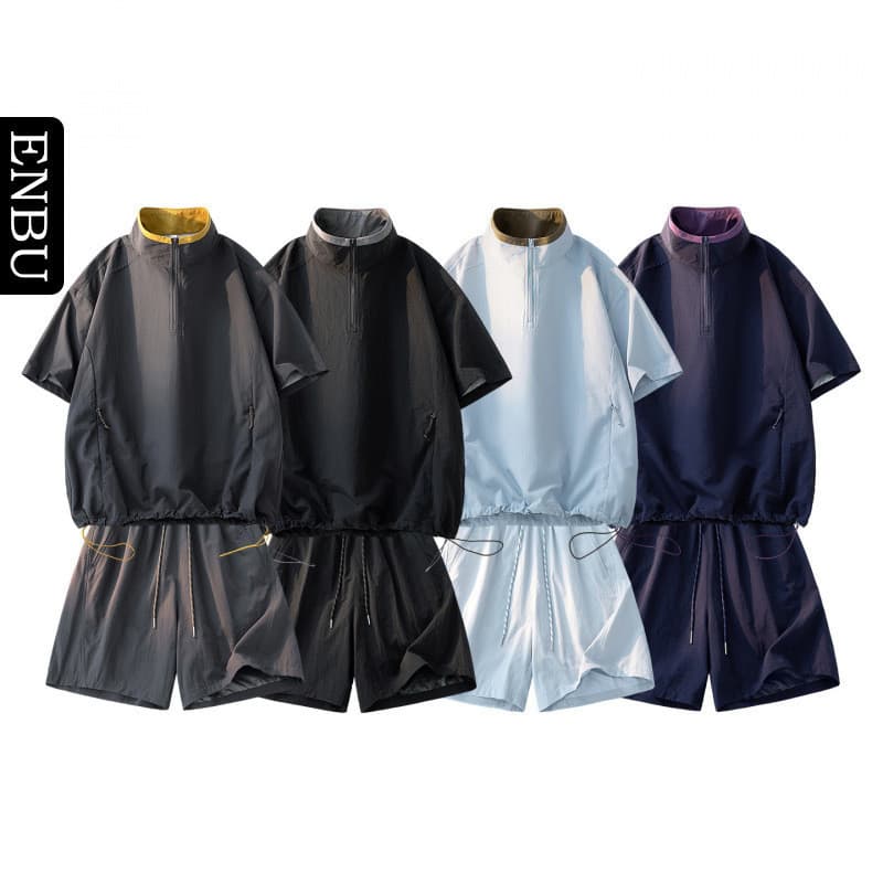 Terno masculino esportes ao ar livre Casual camiseta masculina meio zíper solto gola alta Shorts de manga curta terno de