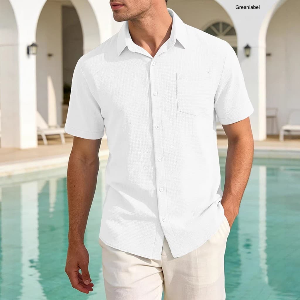 [GLB] Camisa Masculina De Verão Com Botões , Manga Curta , Gola Aberta , Texturizada , Cor Sólida Solta De Férias Para F