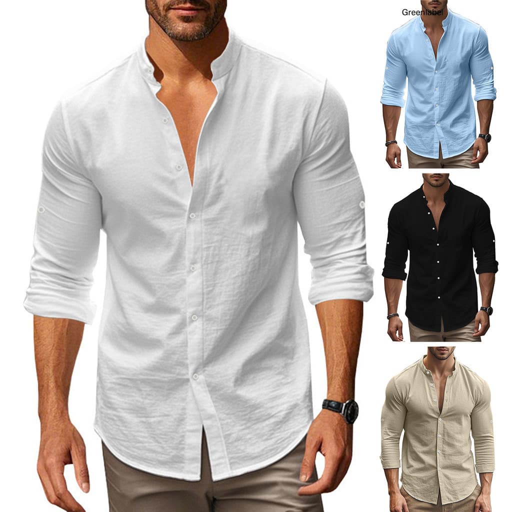 [GLB] Camisa Masculina De Linho De Algodão Manga Comprida Com Botões E Gola Casual De Verão Para Praia , Férias , Festas