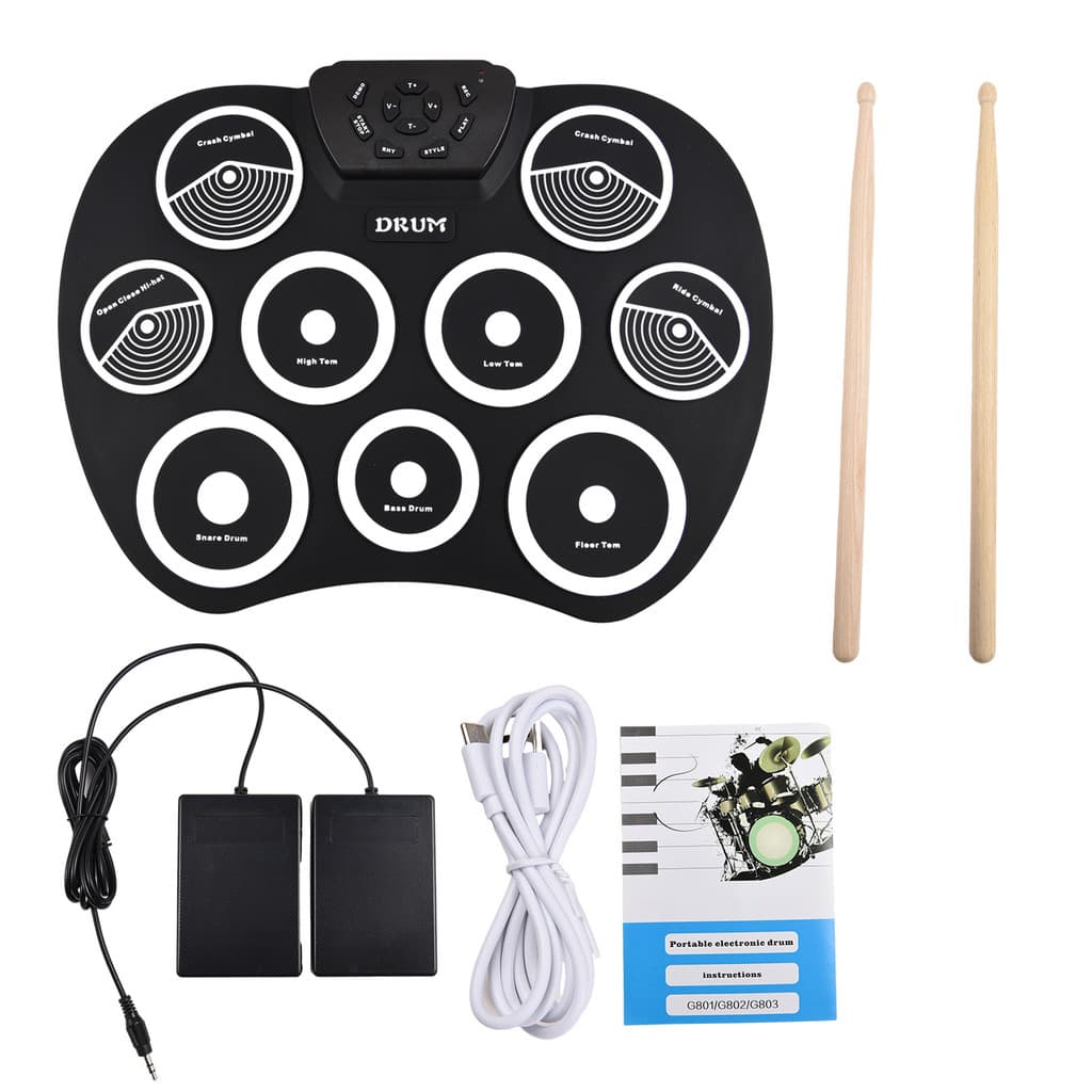 wohobr Conjunto De Bateria Eletrônica Rolo De Mão 9 Almofadas Interface MIDI Suporta Jogos DTX Sem Alto-Falante Feriado