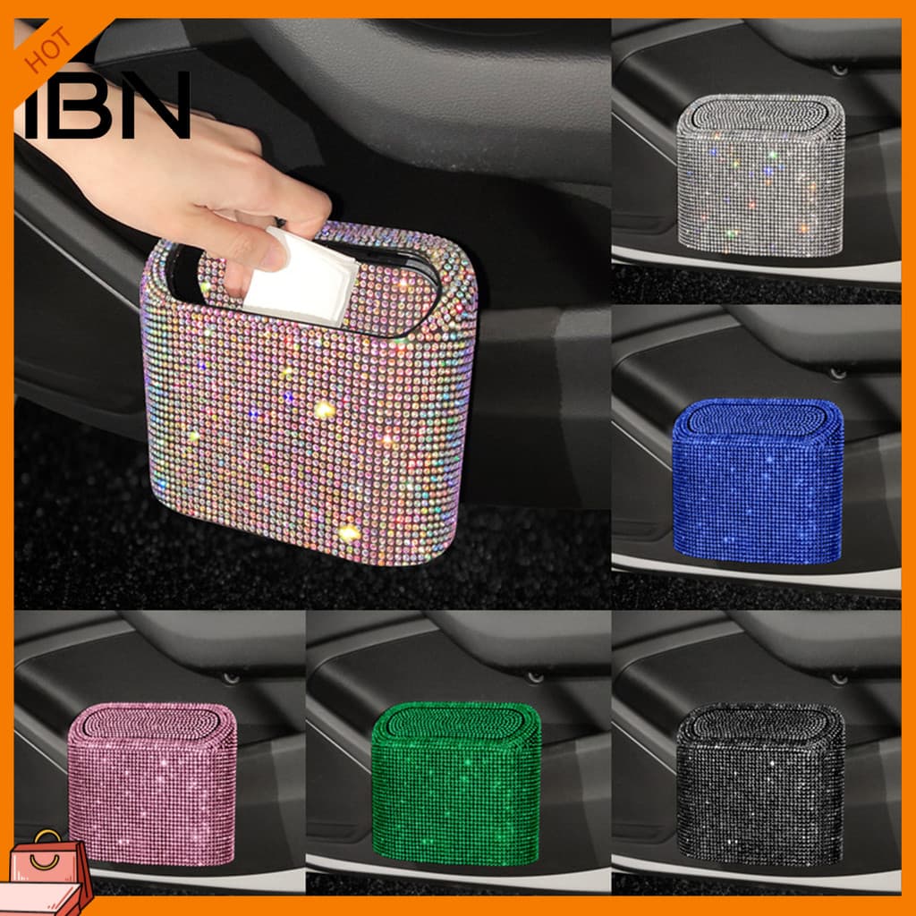 [IBN] Lixeira De Carro Com Glitter Strass Bling Pressionando Lata Quadrada Caixa De Armazenamento Pegador De Lixo Para V