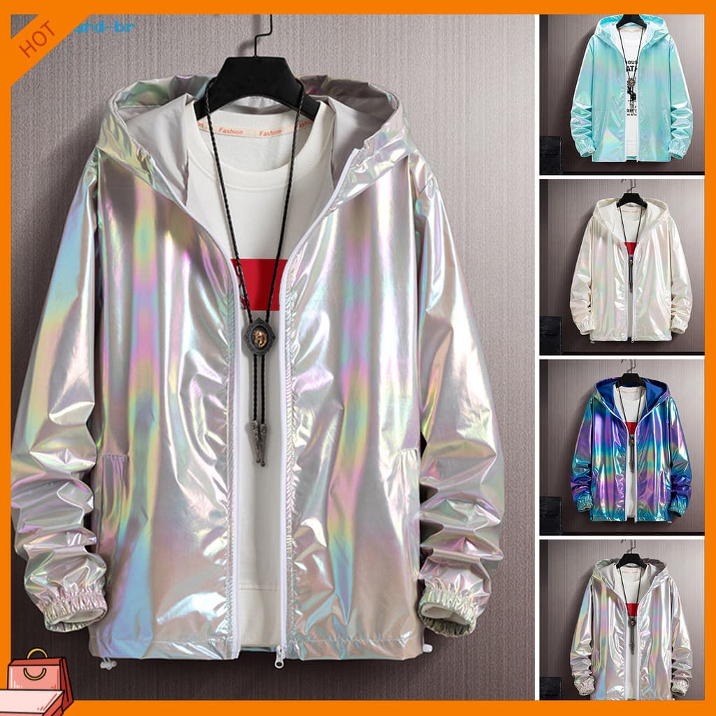 EDGward.br Jaqueta Masculina Painéis Reflexivos Brilhantes Com Capuz Manga Comprida Fecho Zíper Casaco Discoteca Punhos