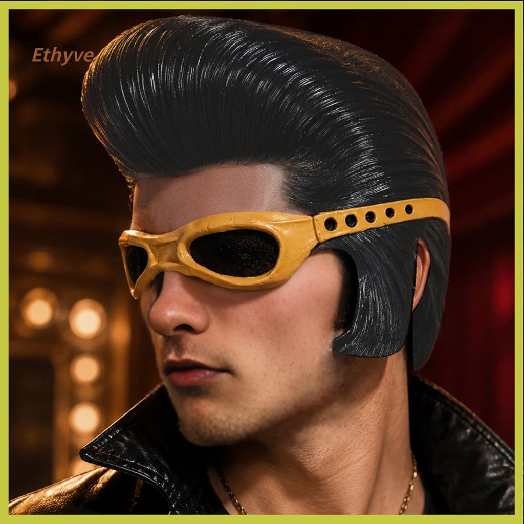 Máscara De Látex De Cantor De Rock , Adereço De Cosplay De Meia Face De Halloween Com Peruca De Pompadour E Óculo