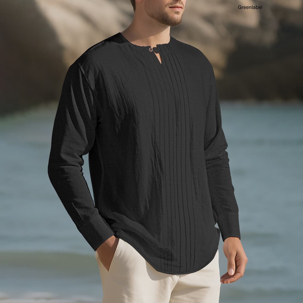 [GLB] Camisa Masculina Com Gola Redonda , Manga Comprida , Ajuste Solto , Cor Pura , Plissada , Casual , Versátil , Uso