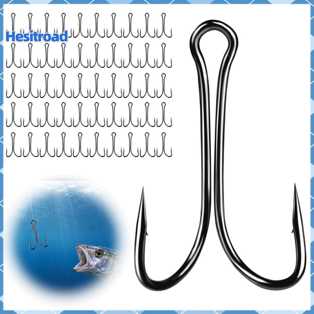 Meanwha 50 Peças De Ganchos De Pesca Duplos Clássicos , Sapo Farpados De Aço De Alto Carbono Isca De Haste Aberta Afiada