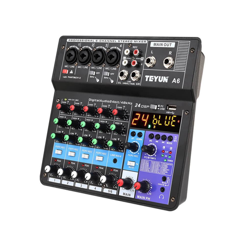 Placa de som Bluetooth misturador Digital 6 canais palco ao vivo usb Mini mixer remessa A6 sem plugue sem bateria