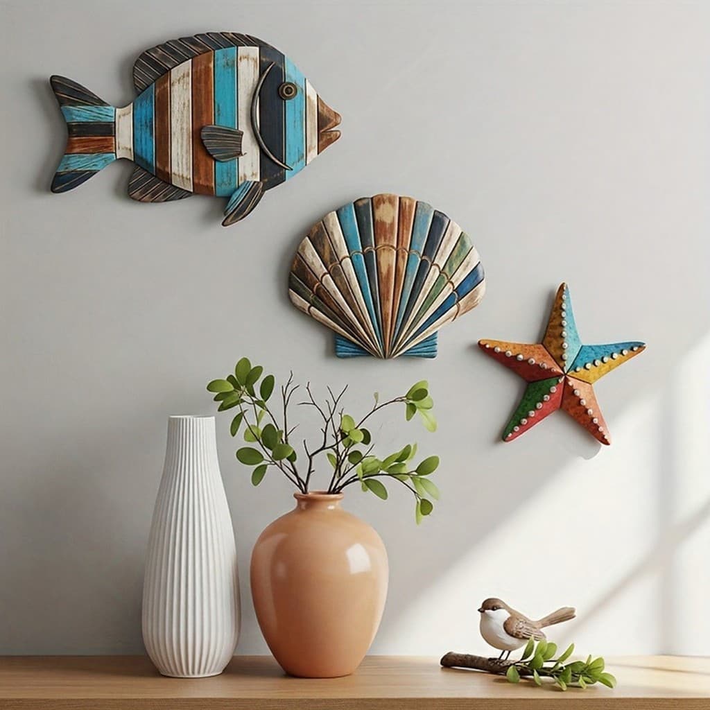 [SKI] 3 Unidades/Conjunto Decoração De Parede Com Tema Oceano Casca De Peixe De Madeira Estrela Do Mar Arte Fazenda Casa