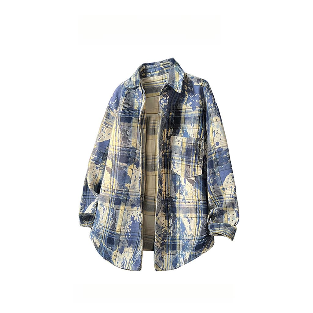 WASSUP PANDA Estilo Americano Tie-Dye Xadrez Camisa de Manga Comprida Masculina Primavera Outono Estilo Lapela Solta Cam