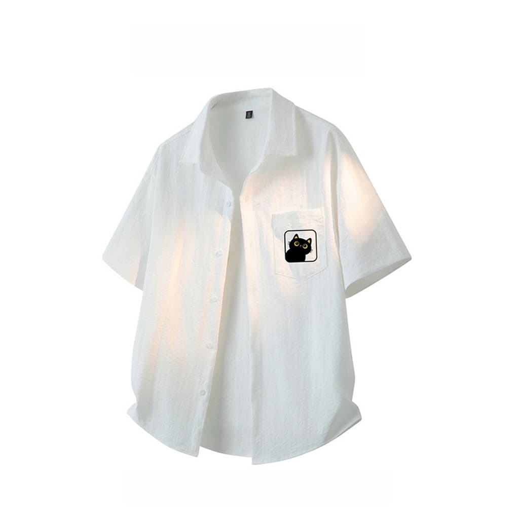 WASSUP PANDA Cat Print Camisa branca de manga curta masculina verão estilo fino camisa Casual de seda gelada de alta qua