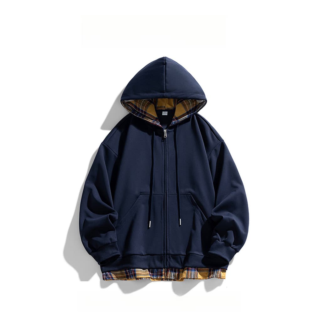 WASSUP PANDA Xadrez Costura Cardigan Moletom Com Capuz Masculino Primavera Outono Férias Duas Peças American Street Wear