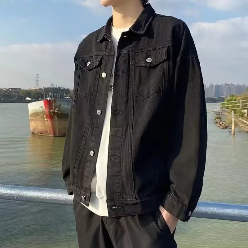 Jaqueta jeans preta masculina estilo japonês rufião bonito jaqueta cor sólida estilo primavera na moda All-Match jaqueta
