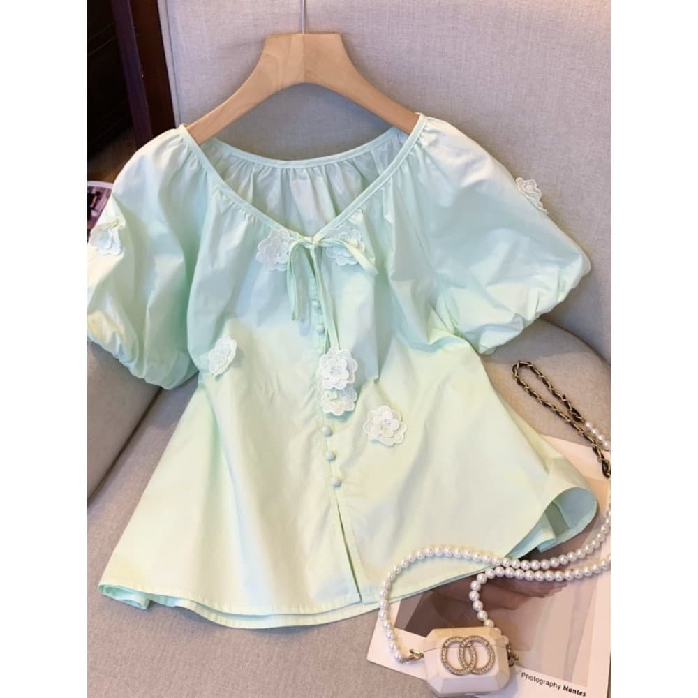 Mori série hortelã verde tridimensional flor com decote em V camisa feminina verão estilo fino fresco doce flor Puff man