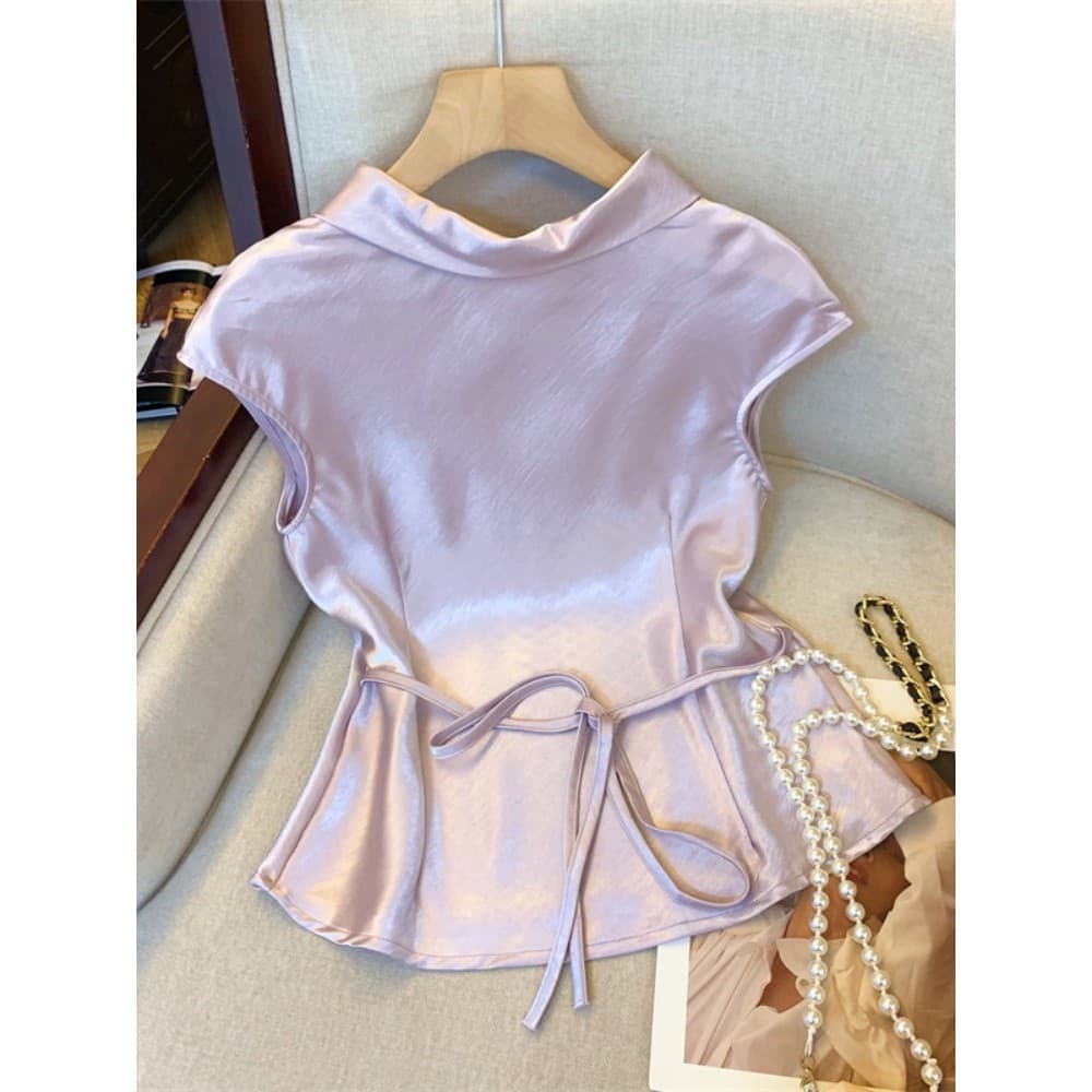 High-End sentimento roxo acetato cetim pequena camisa de manga voadora feminina verão gola Polo cintura estreita estilo