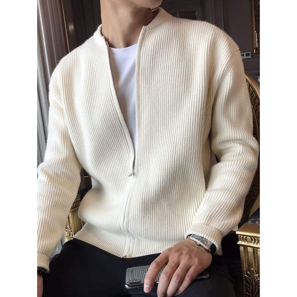 Suéter cardigã com Design de zíper duplo masculino 2025 primavera outono estilo simples All-Match cor sólida malhas jaqu