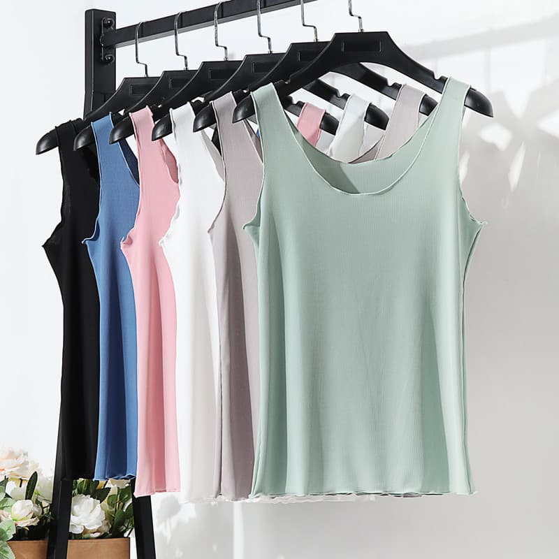 Agaric borda camisola feminina verão fino malha gelo seda interior camisa de fundo exterior sem mangas cor sólida tamanh
