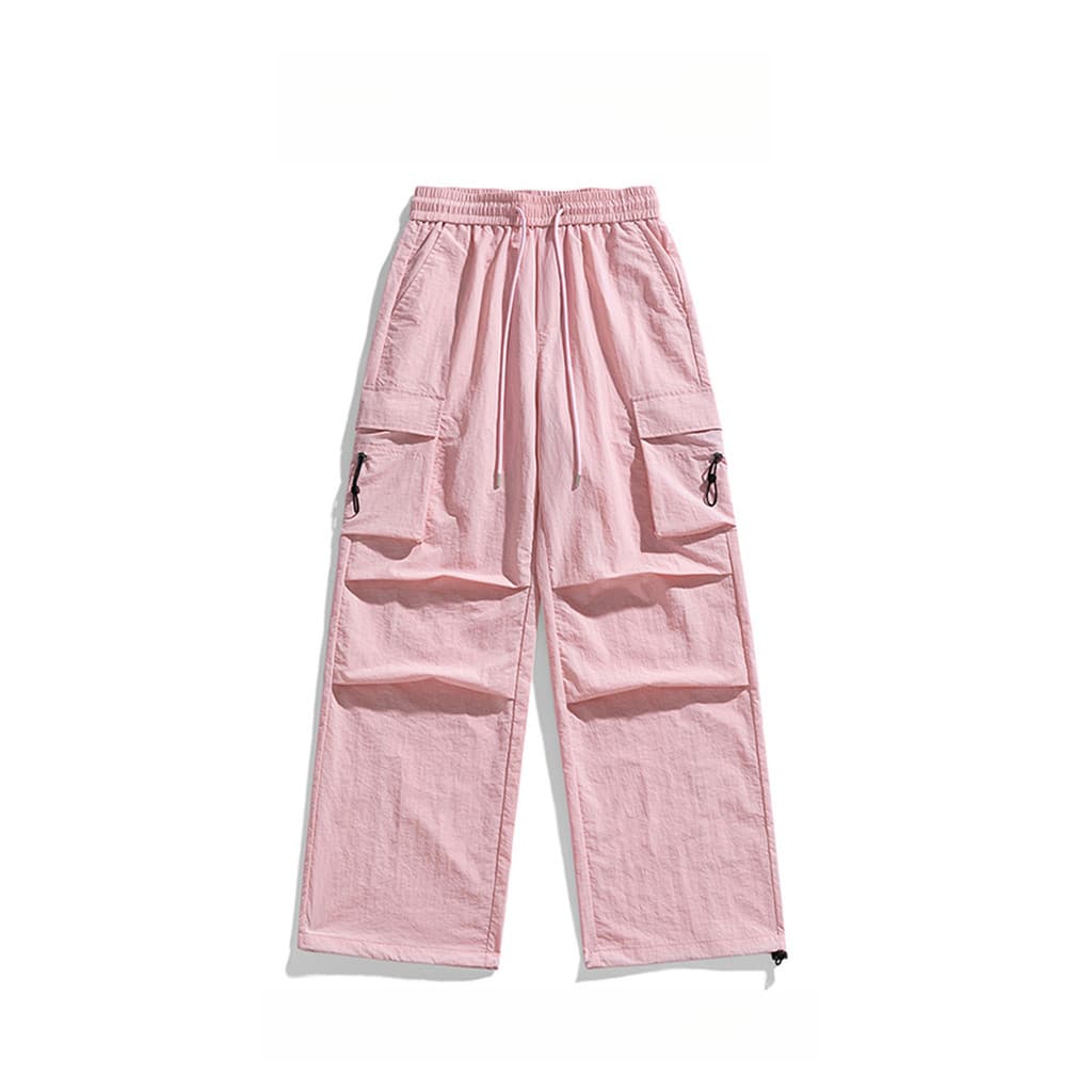 WASSUP PANDA Ice Silk Rosa Macacão Masculino Verão Street Wear Solto Reto Perna Larga Calças Paraquedista de Secagem Ráp