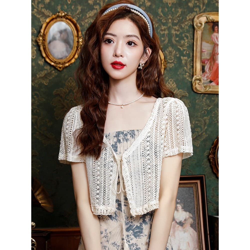 Cardigan de renda feminino verão xale fino com saia estilingue exterior pequeno colete blusa de seda gelo tule topo