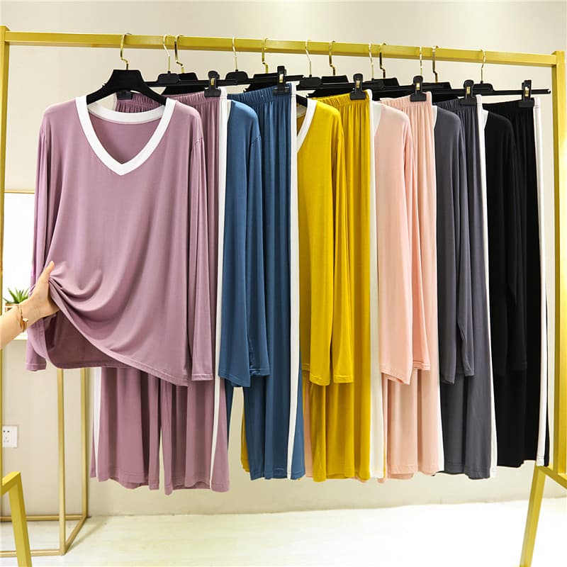 Modal algodão manga comprida pijamas soltos calças de pijama terno feminino verão estilo fino tamanho grande pode usar f