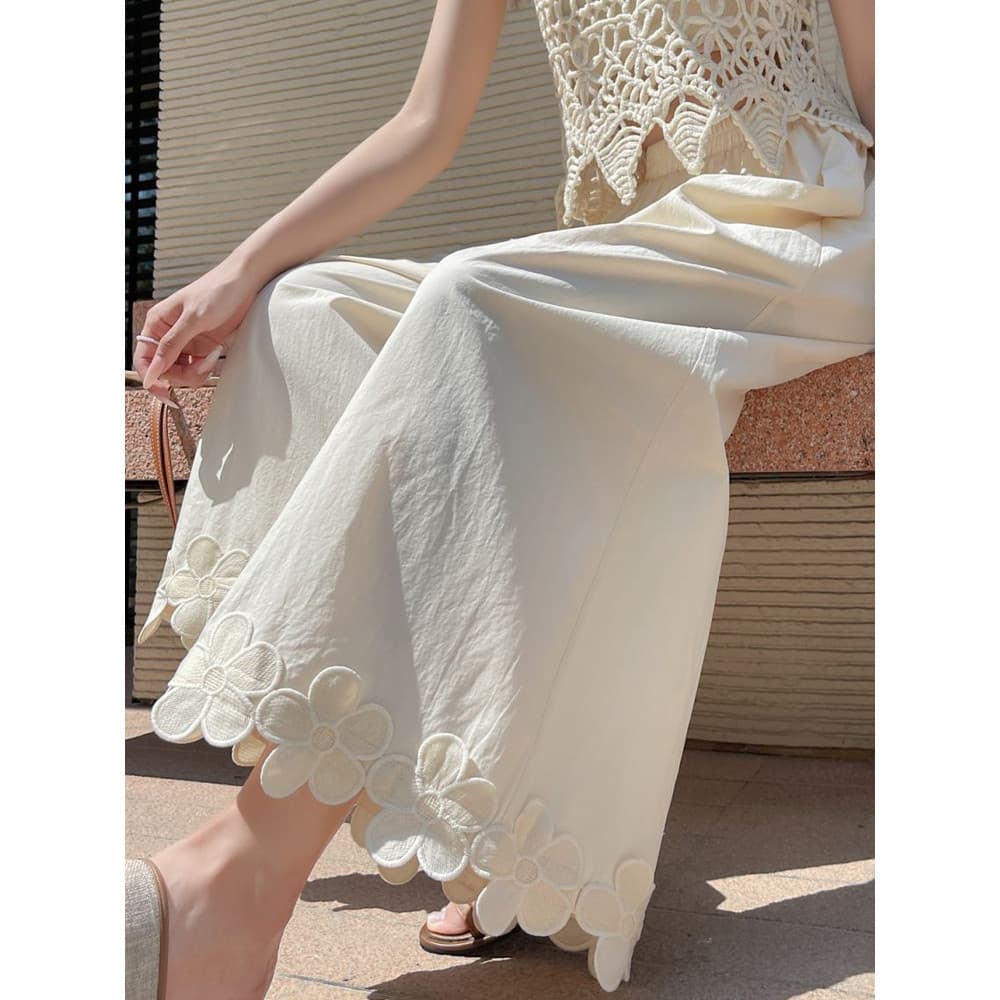Design sentimento flor costura lavagem algodão calças de perna larga feminino verão fino pequeno cintura alta Drape torn