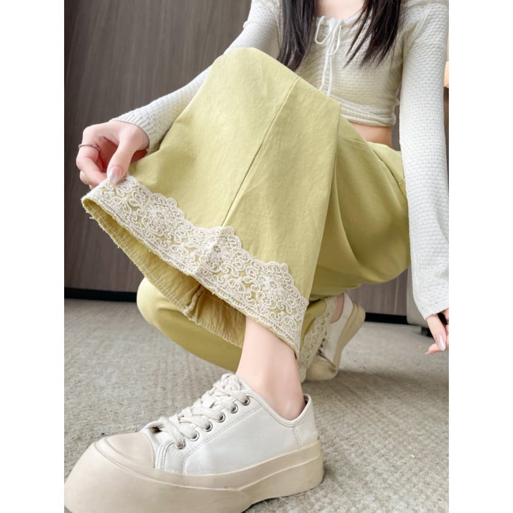 Renda lavável algodão calças de perna larga feminino verão estilo fino pequena cintura elástica solta Casual em linha re