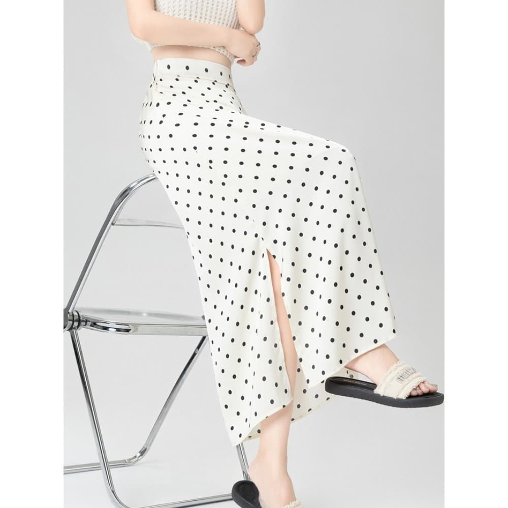 Branco Polka Dot acetato cetim saia feminina verão sedoso Drape cintura alta fenda lateral a linha reta Hip saia