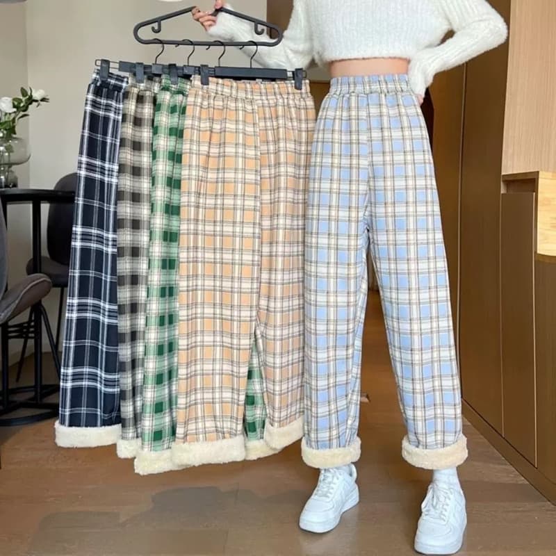 Cordeiro velo preto branco xadrez calças casuais feminino outono inverno solto forro de lã engrossado calças de perna la