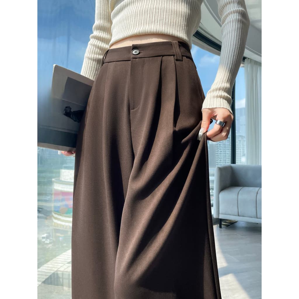 Melade café cor terno calças de perna larga feminina primavera outono pequena cintura alta solta reta Drape Casual calça