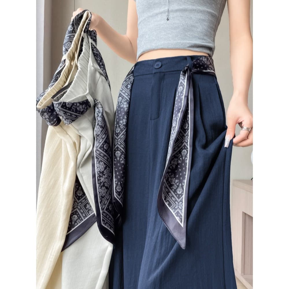 Azul marinho gelo seda algodão linho terno calças de perna larga feminino verão luz fina lenços de seda rendas Drape Cas
